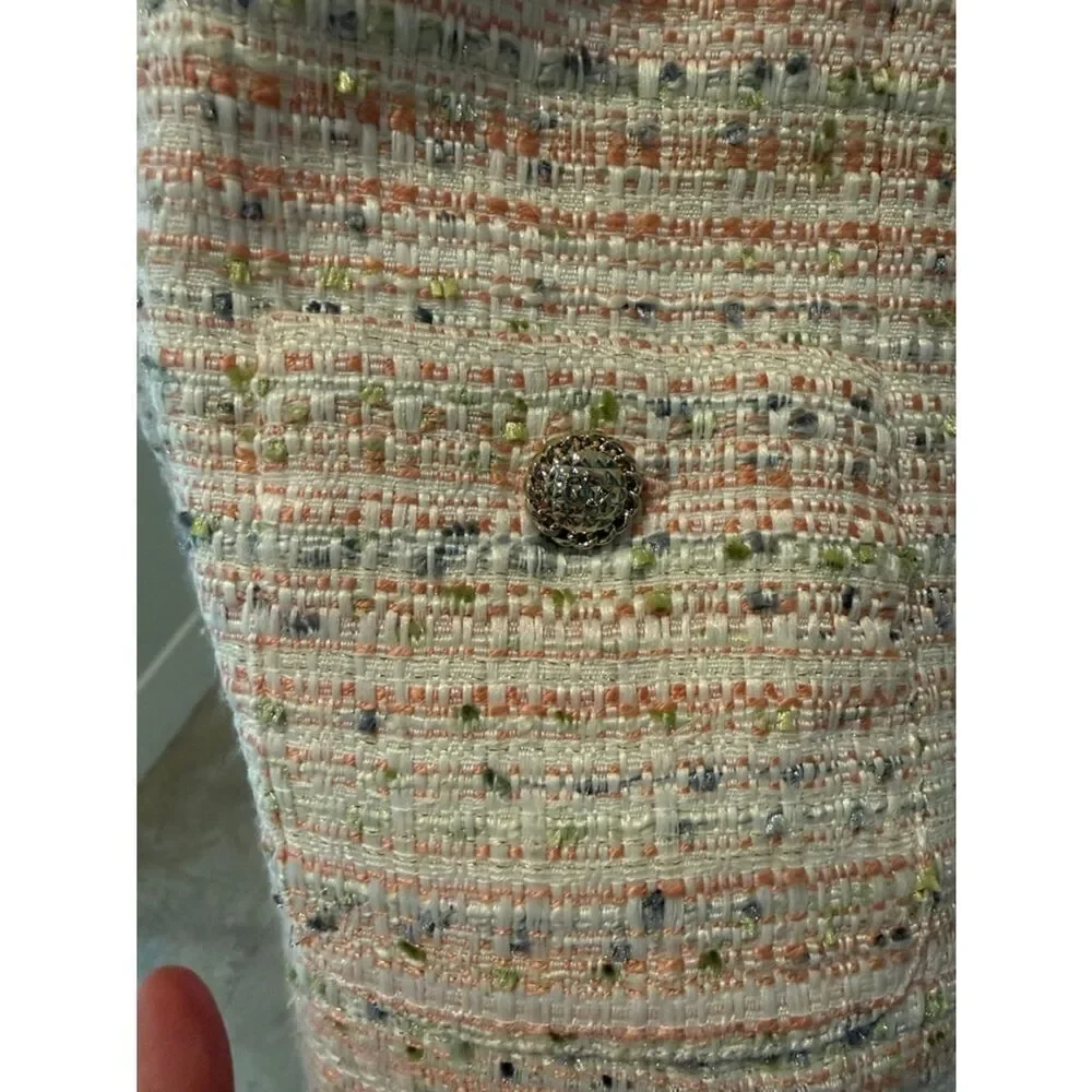 Karl Lagerfeld Cream and Pink Tweed Zip Jacket pockets rounded neckline size 8
